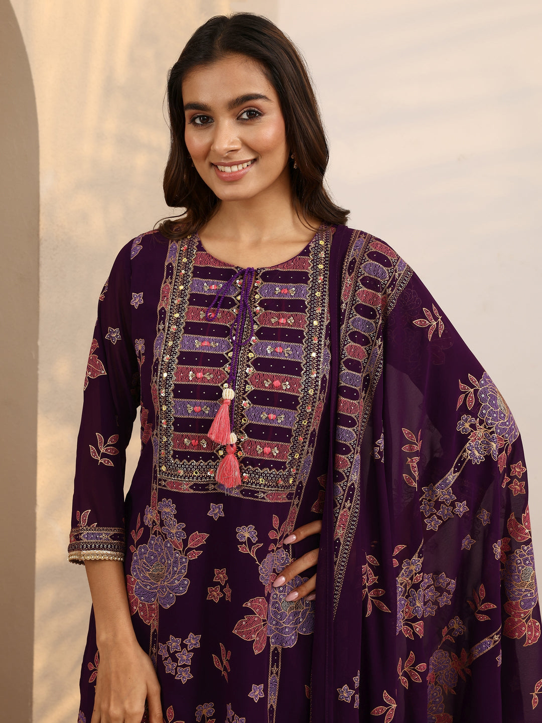 Purple Printed Georgette Straight Suit Set With Dupatta
