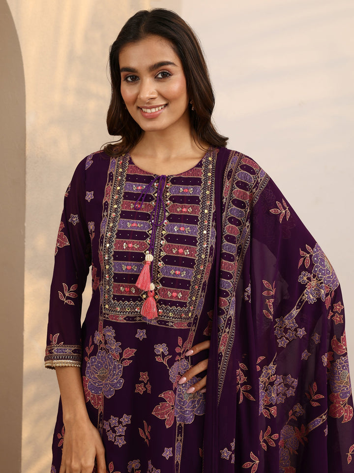 Purple Printed Georgette Straight Suit Set With Dupatta