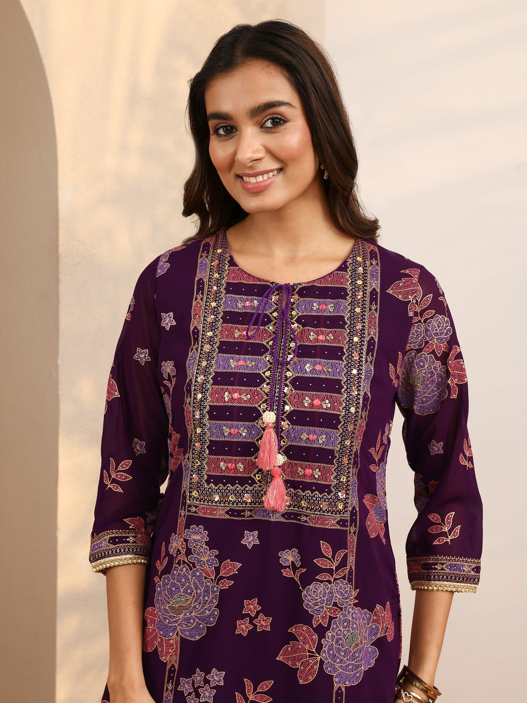 Purple Printed Georgette Straight Suit Set With Dupatta