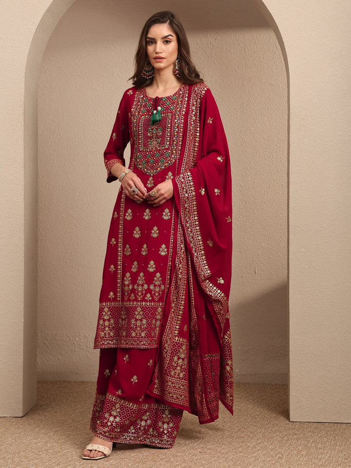 Red Embroidered Georgette Straight Suit Set With Dupatta
