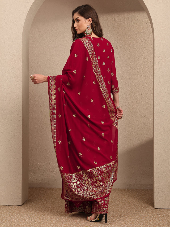 Red Embroidered Georgette Straight Suit Set With Dupatta