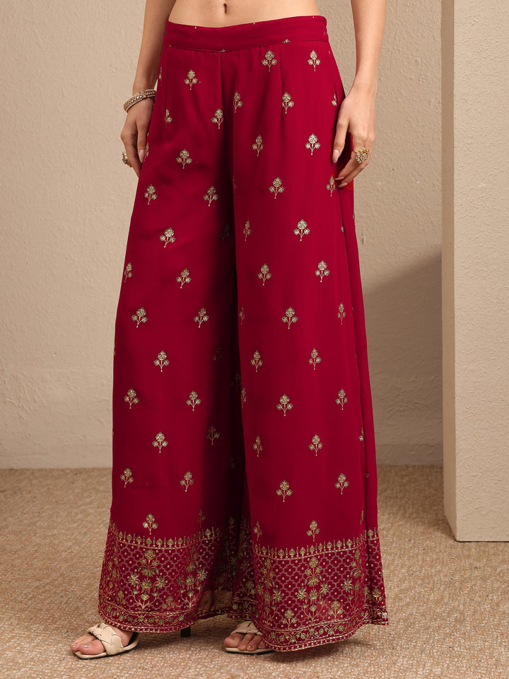 Red Embroidered Georgette Straight Suit Set With Dupatta