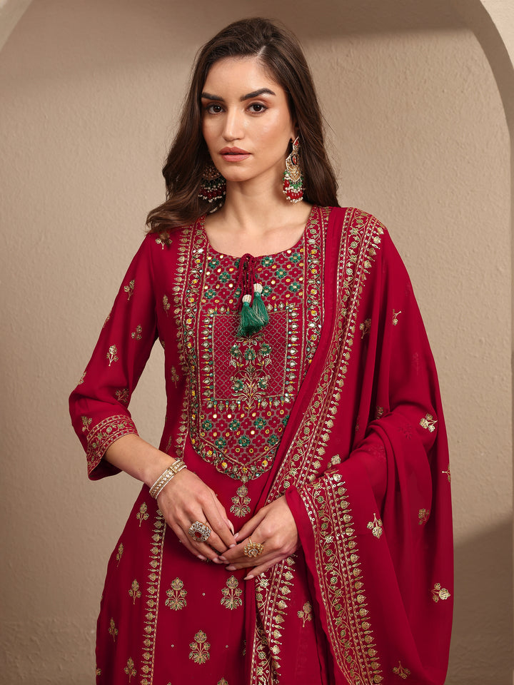 Red Embroidered Georgette Straight Suit Set With Dupatta