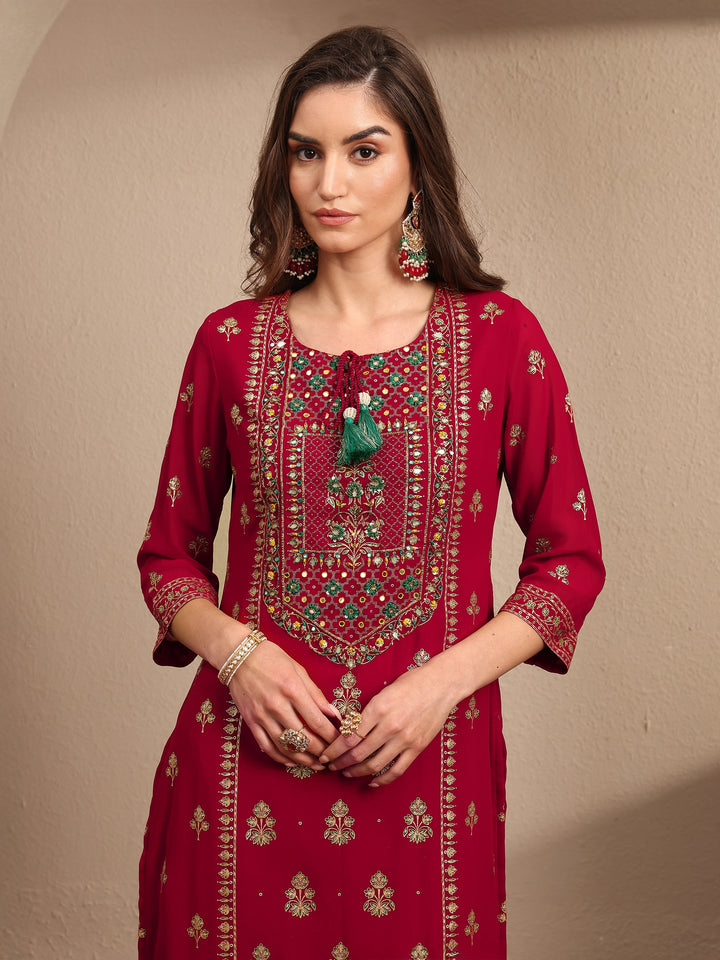 Red Embroidered Georgette Straight Suit Set With Dupatta