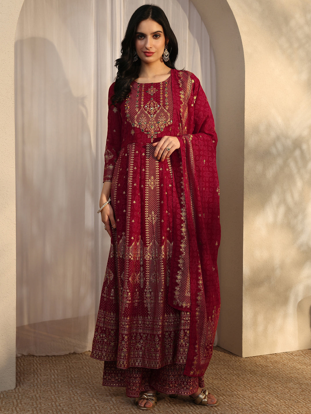 Red Embroidered Georgette Straight Suit Set With Dupatta