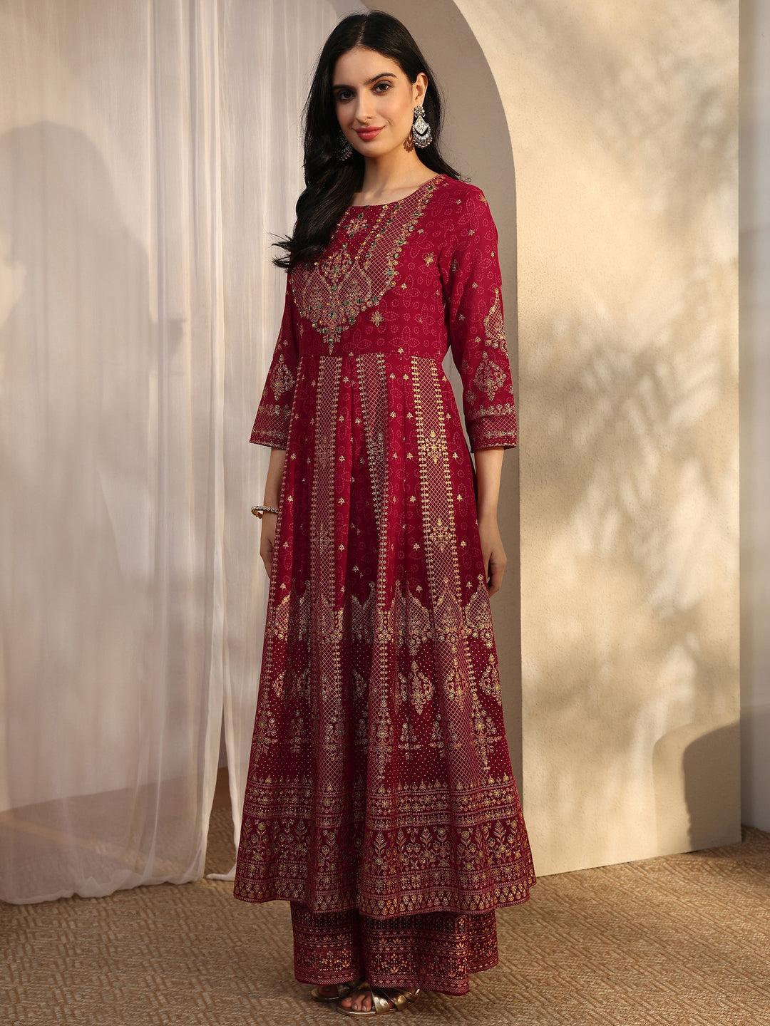 Red Embroidered Georgette Straight Suit Set With Dupatta