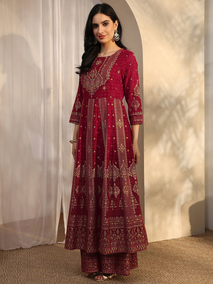 Red Embroidered Georgette Straight Suit Set With Dupatta