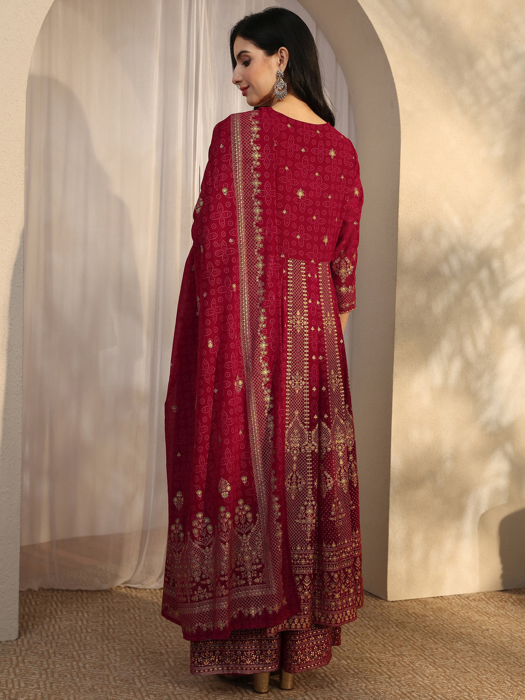 Red Embroidered Georgette Straight Suit Set With Dupatta