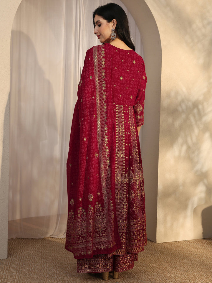 Red Embroidered Georgette Straight Suit Set With Dupatta