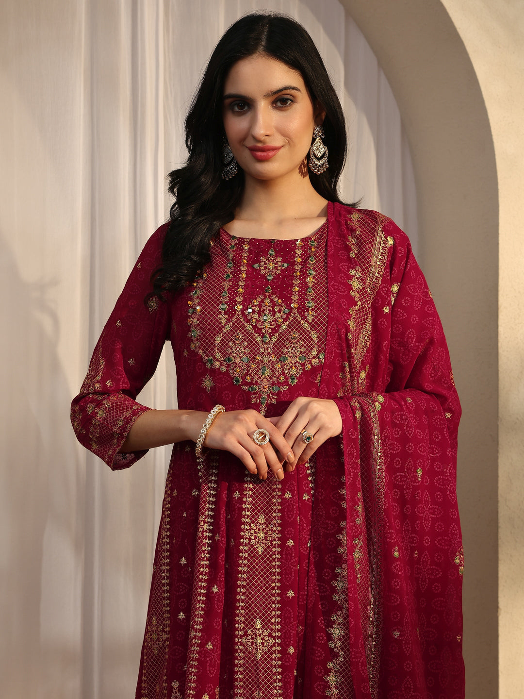 Red Embroidered Georgette Straight Suit Set With Dupatta