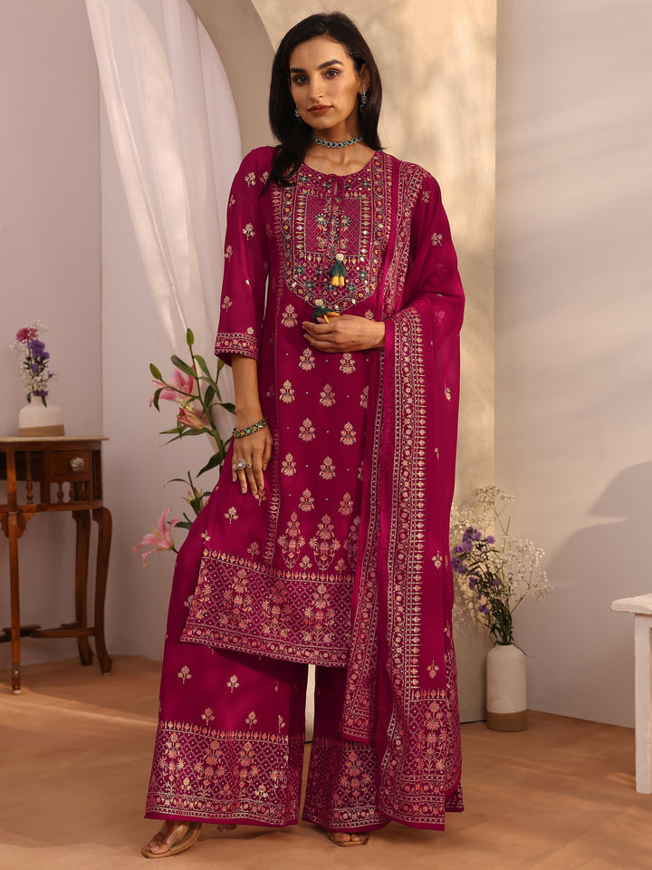 Pink Embroidered Georgette Straight Suit Set With Dupatta