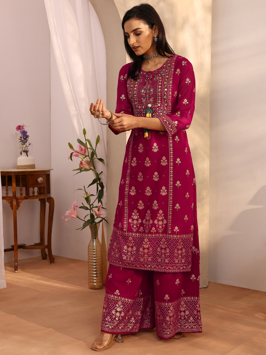 Pink Embroidered Georgette Straight Suit Set With Dupatta