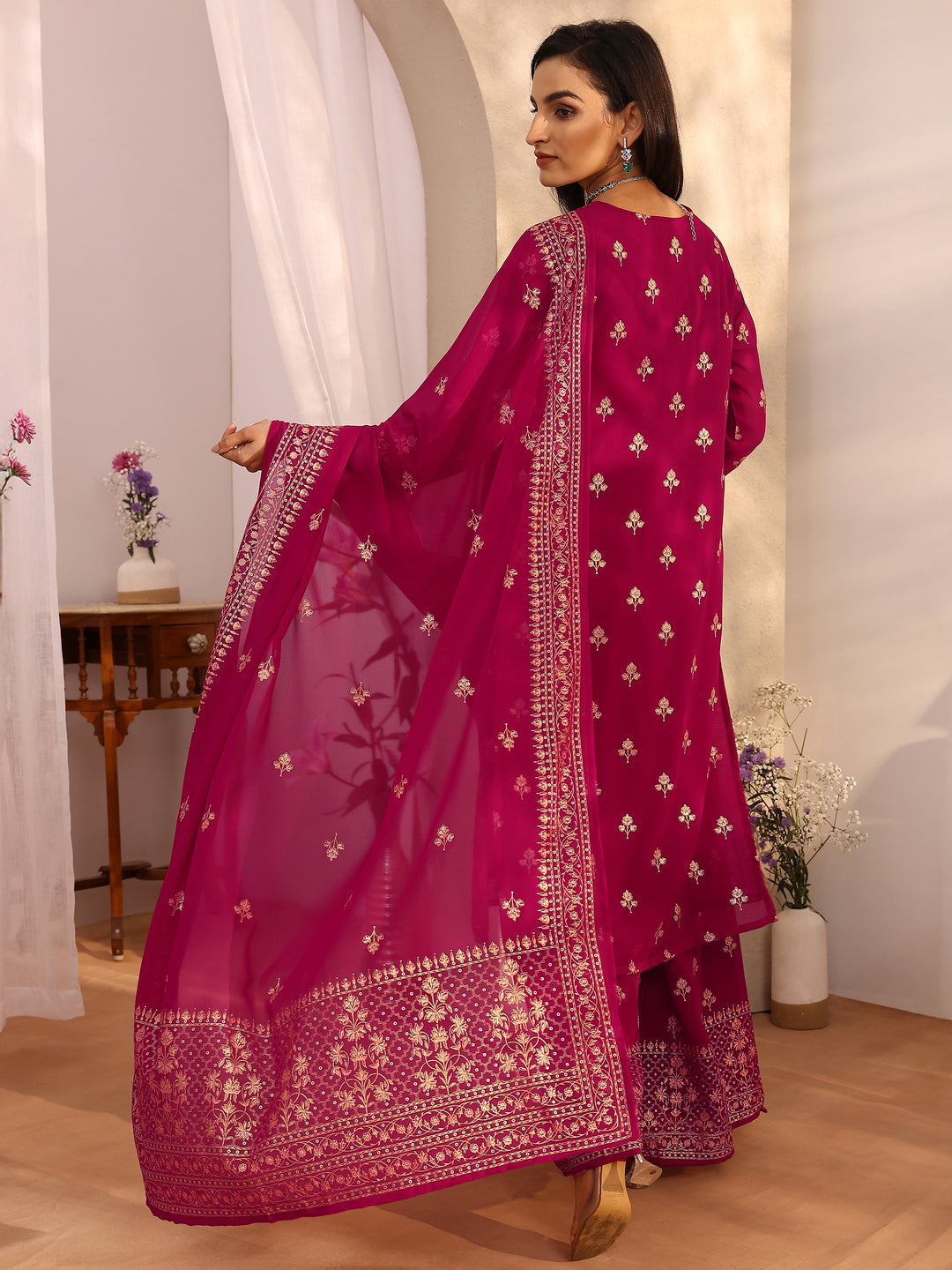 Pink Embroidered Georgette Straight Suit Set With Dupatta