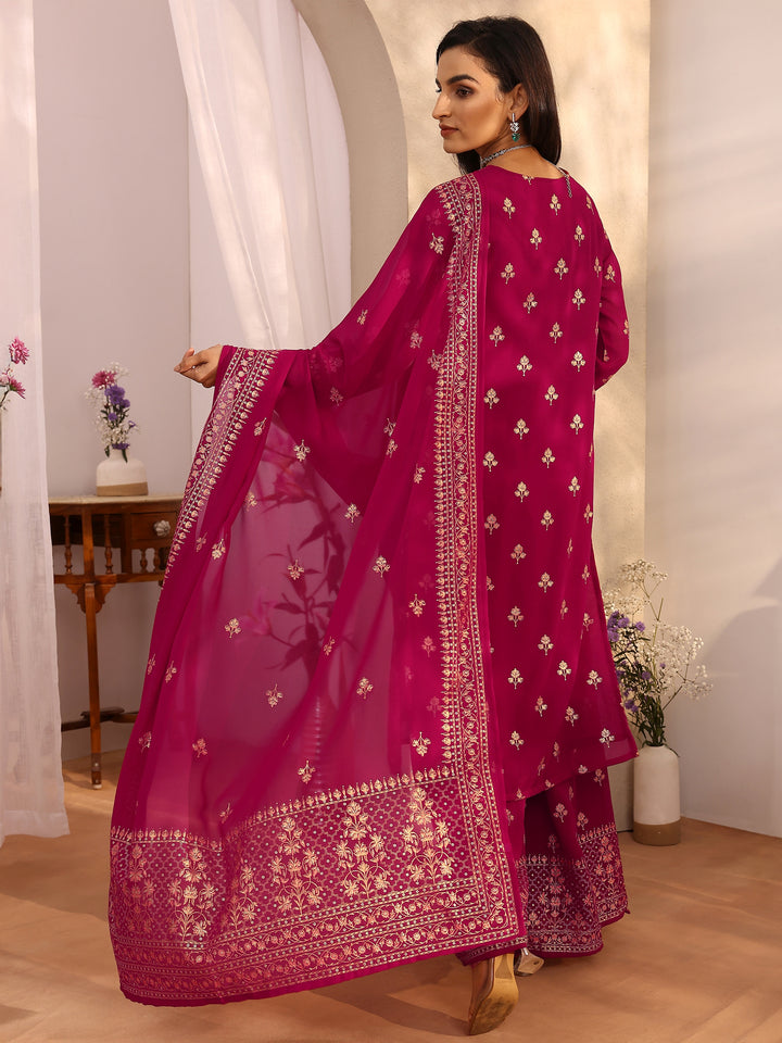 Pink Embroidered Georgette Straight Suit Set With Dupatta