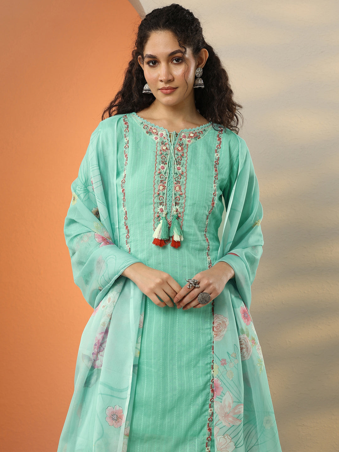 Sea Green Embroidered Cotton Blend  A-Line Suit Set With Dupatta