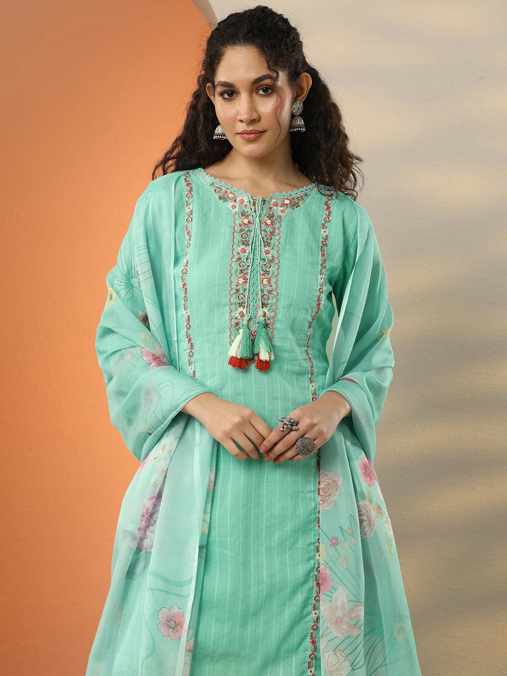 Sea Green Embroidered Cotton Blend  A-Line Suit Set With Dupatta