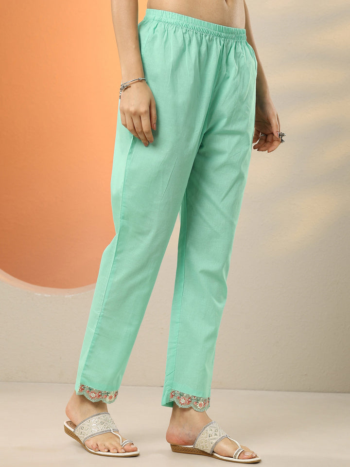 Sea Green Embroidered Cotton Blend  A-Line Suit Set With Dupatta