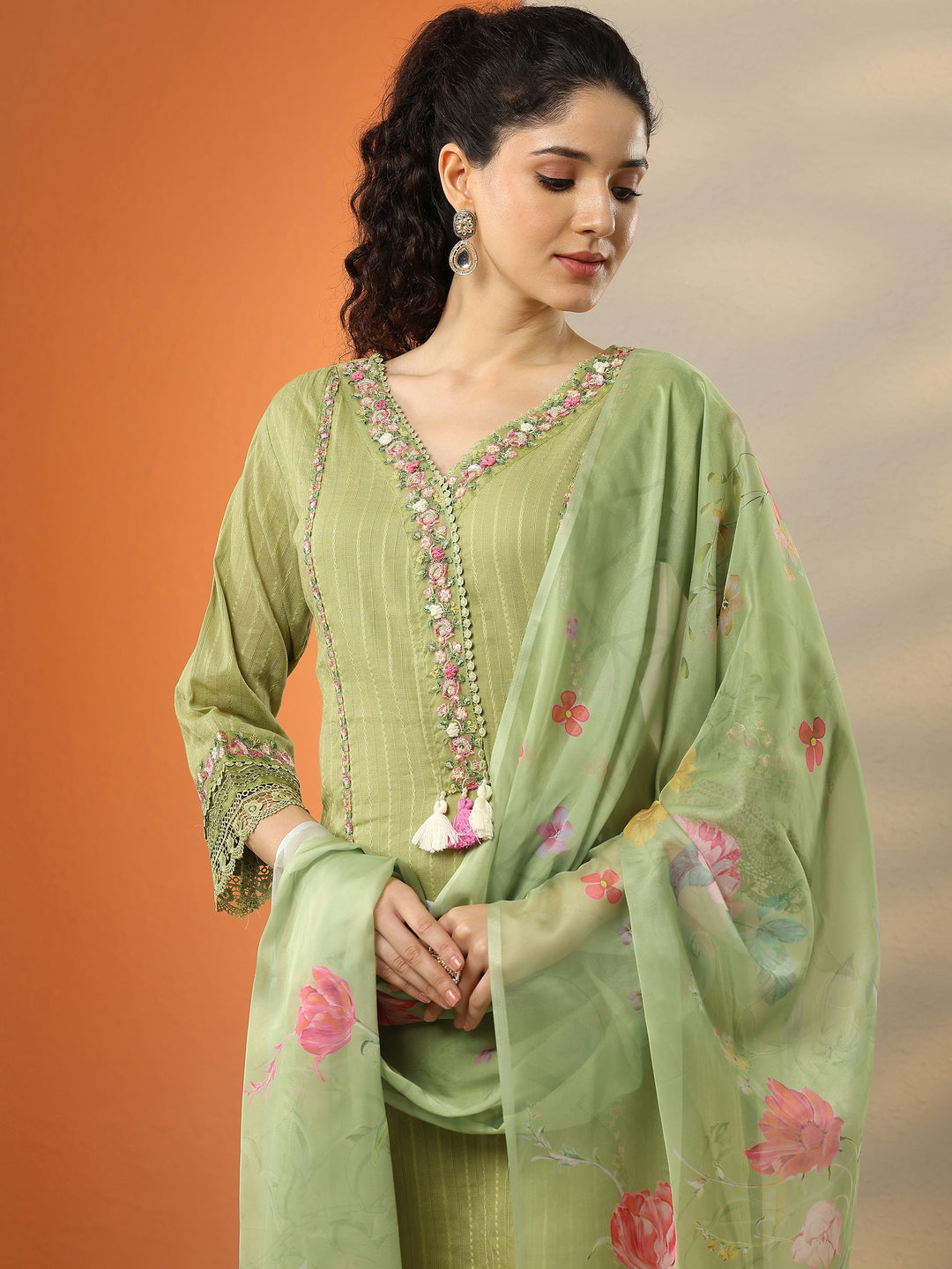 Green Embroidered Cotton Straight Suit Set With Dupatta