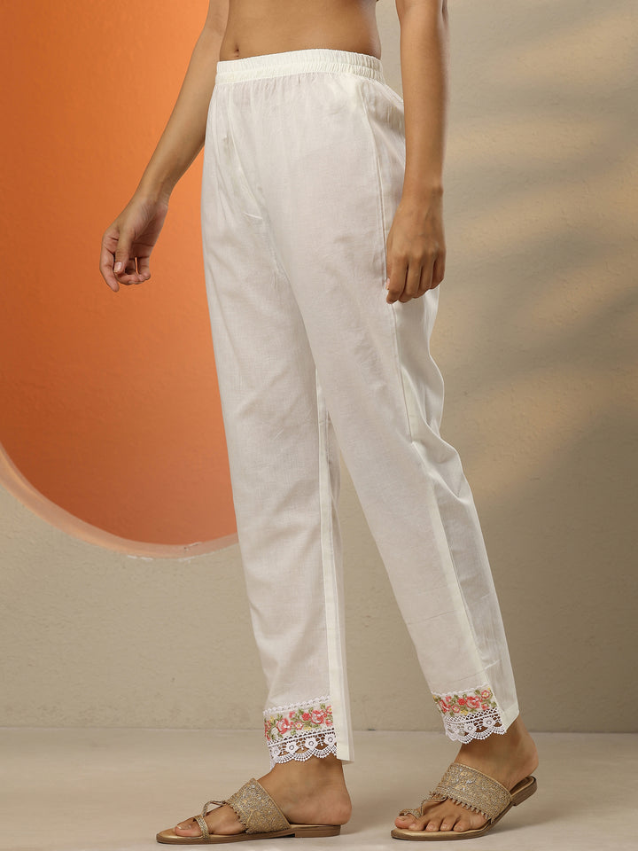 Off White Embroidered Cotton Straight Suit Set With Dupatta