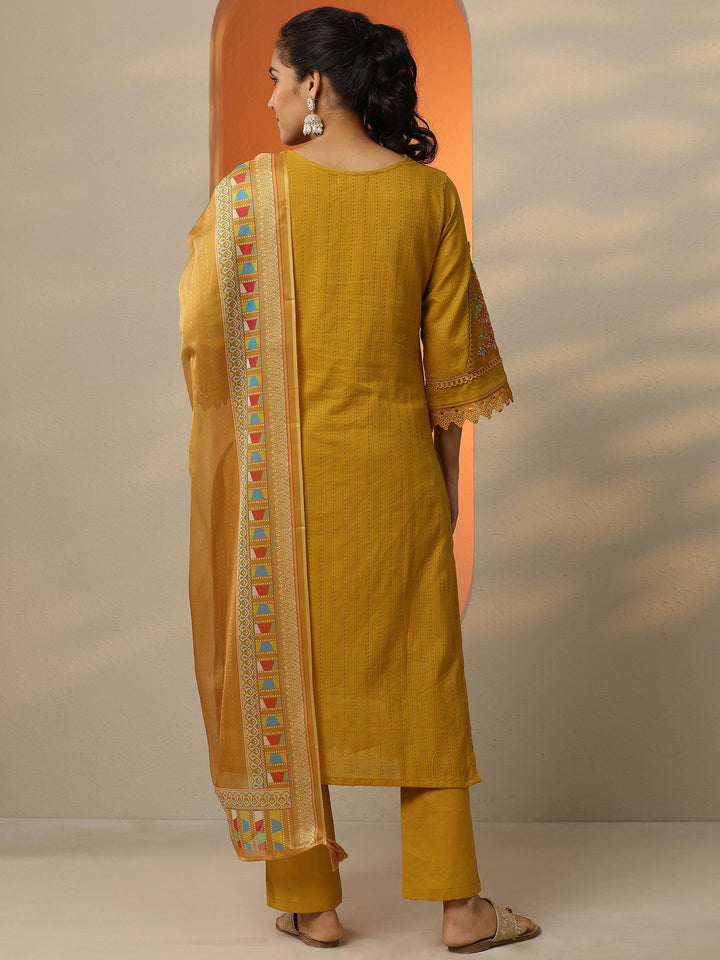 Mustard Embroidered Cotton Straight Suit Set With Dupatta