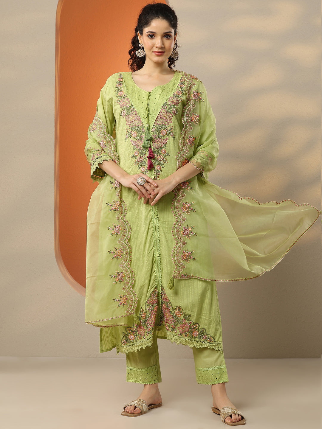 Green Embroidered Cotton Straight Suit Set With Dupatta