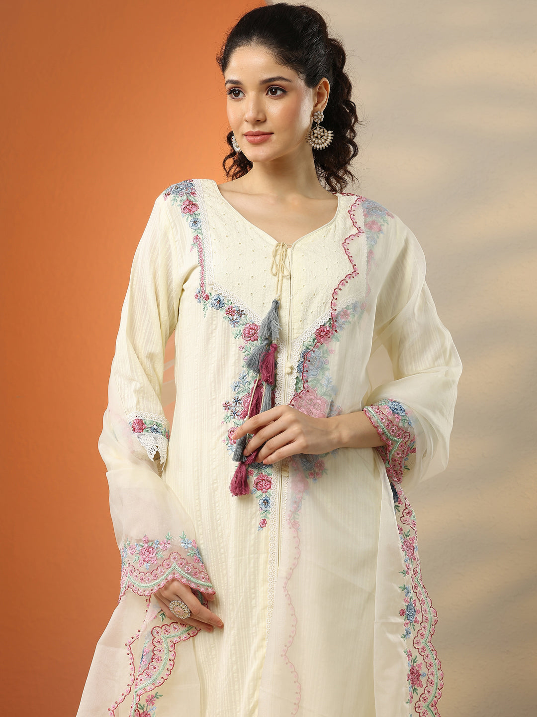 Off White Embroidered Cotton Straight Suit Set With Dupatta