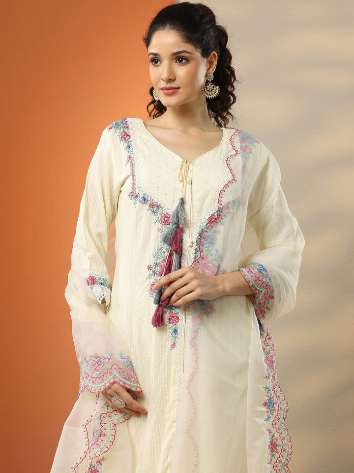 Off White Embroidered Cotton Straight Suit Set With Dupatta