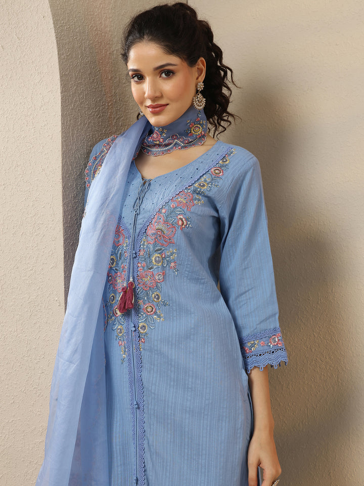Blue Embroidered Cotton Straight Suit Set With Dupatta