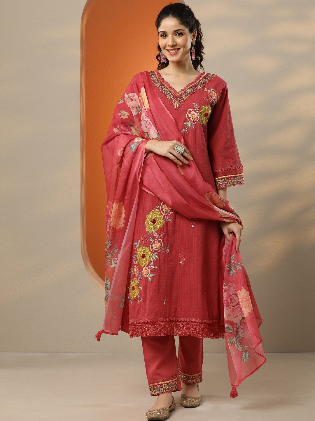Pink Embroidered Cotton Straight Suit Set With Dupatta
