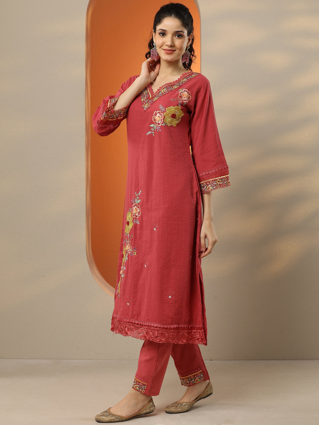 Pink Embroidered Cotton Straight Suit Set With Dupatta