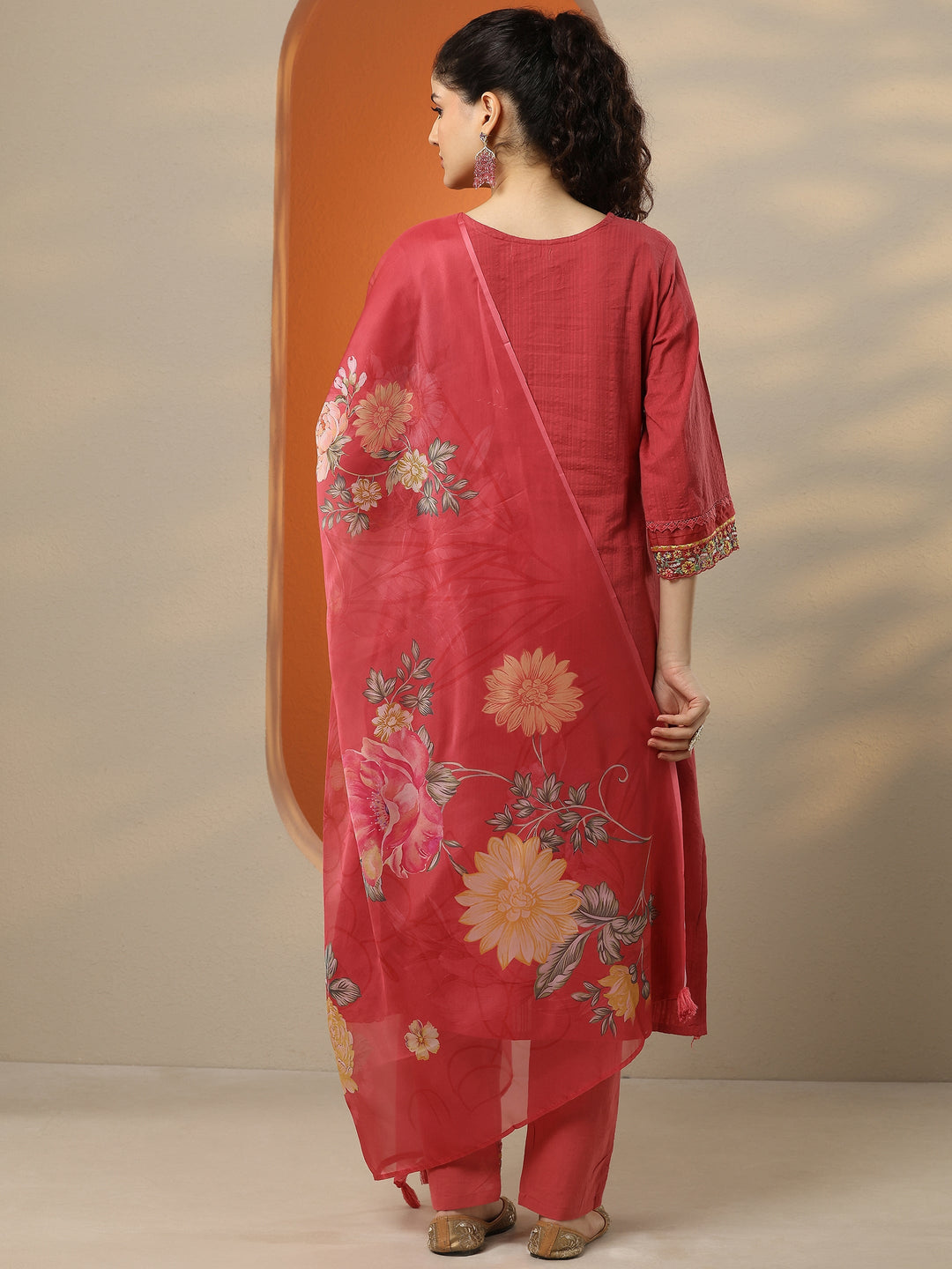Pink Embroidered Cotton Straight Suit Set With Dupatta