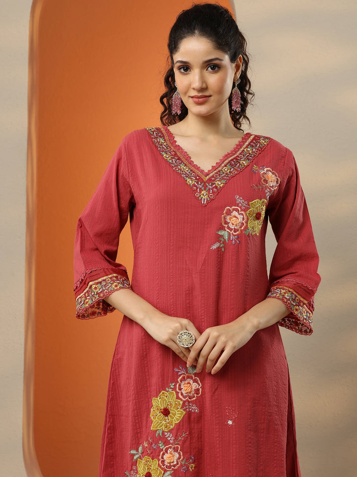Pink Embroidered Cotton Straight Suit Set With Dupatta