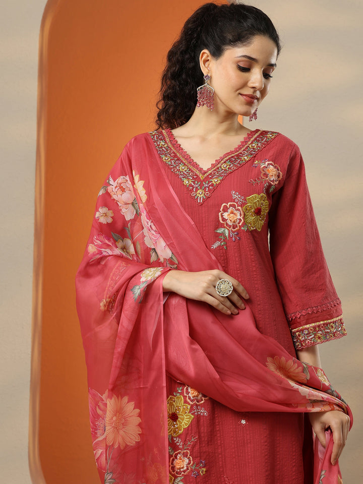 Pink Embroidered Cotton Straight Suit Set With Dupatta
