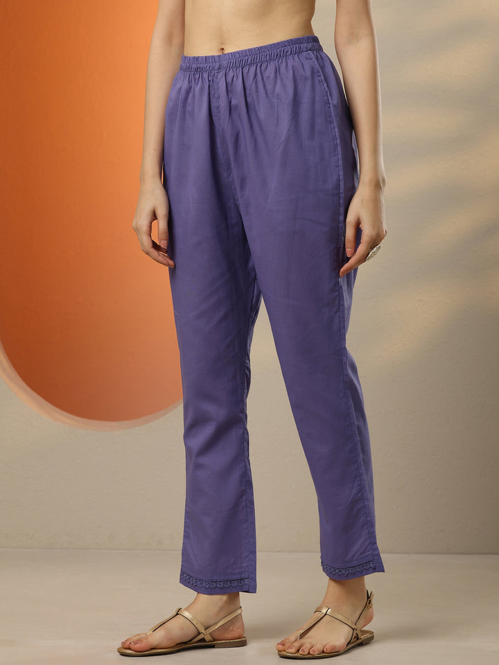 Purple Embroidered Cotton Straight Suit Set With Dupatta