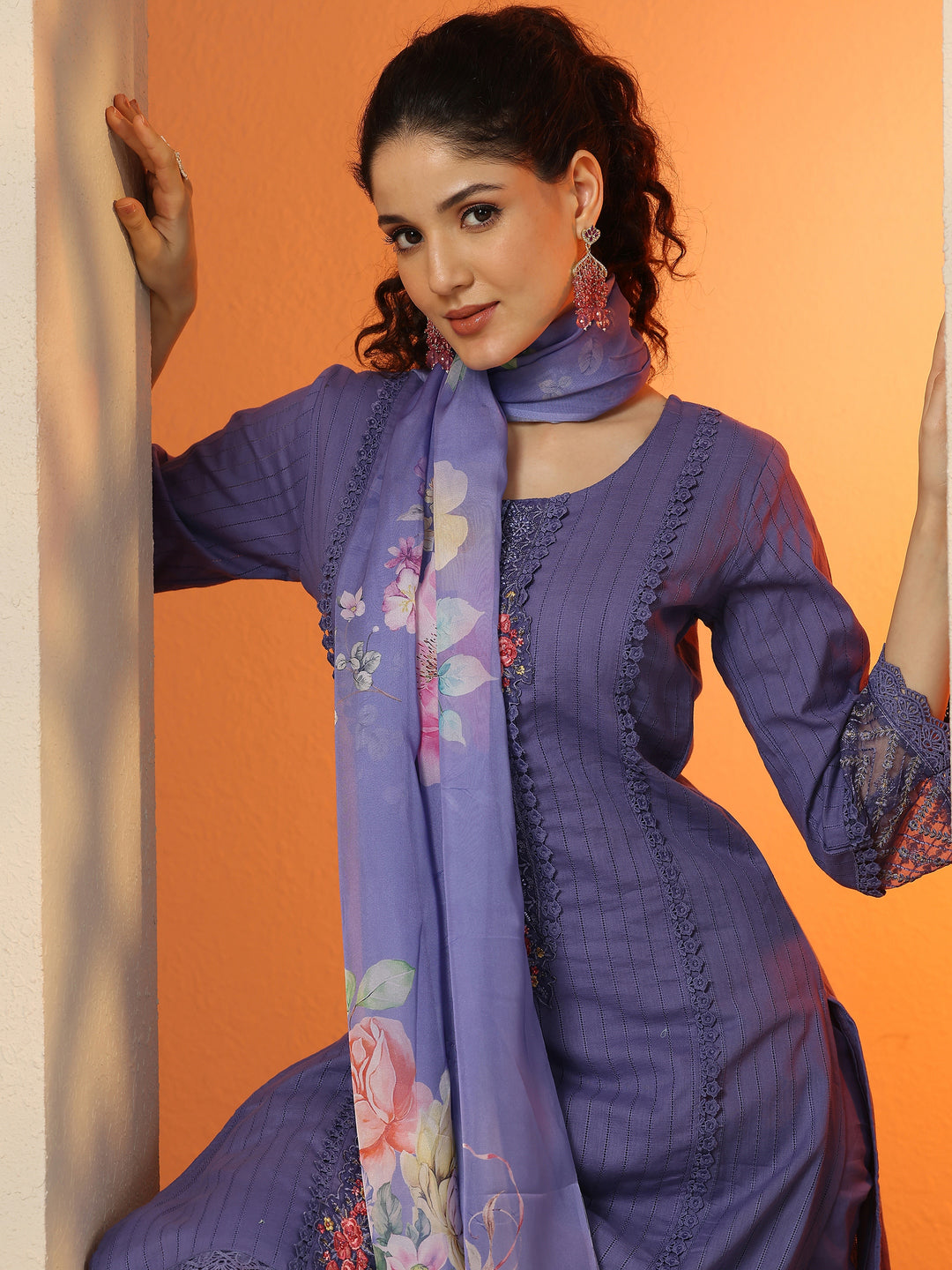 Purple Embroidered Cotton Straight Suit Set With Dupatta