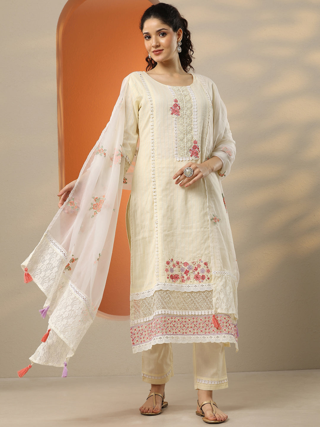 Off White Embroidered Cotton Straight Suit Set With Dupatta