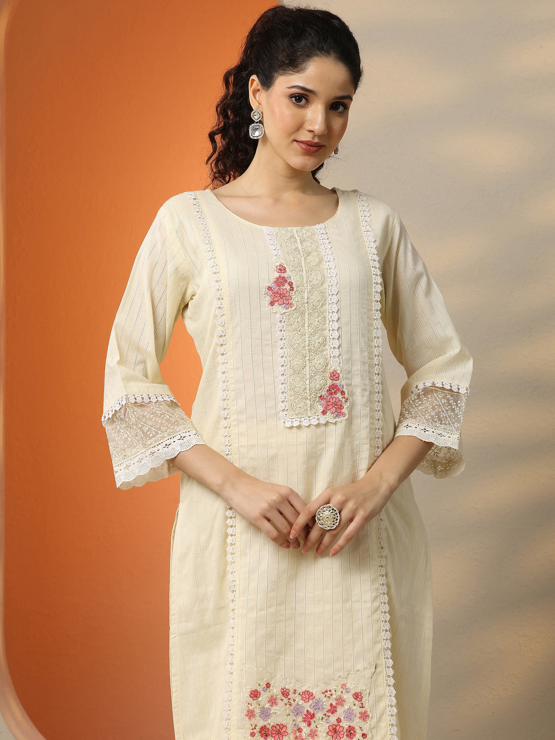 Off White Embroidered Cotton Straight Suit Set With Dupatta