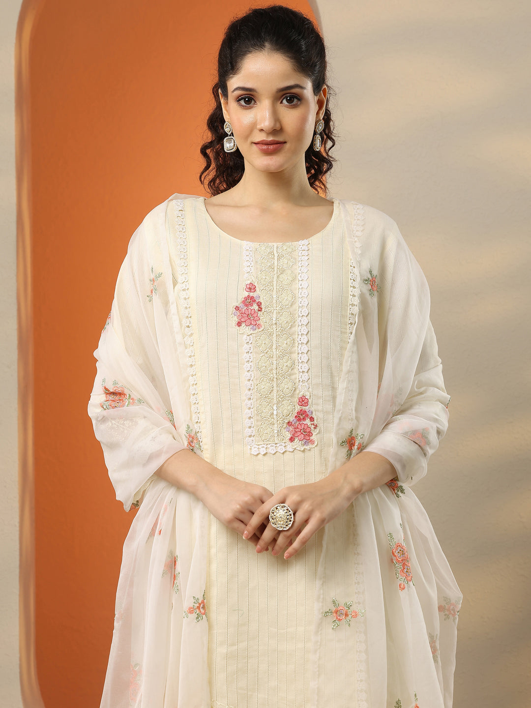 Off White Embroidered Cotton Straight Suit Set With Dupatta