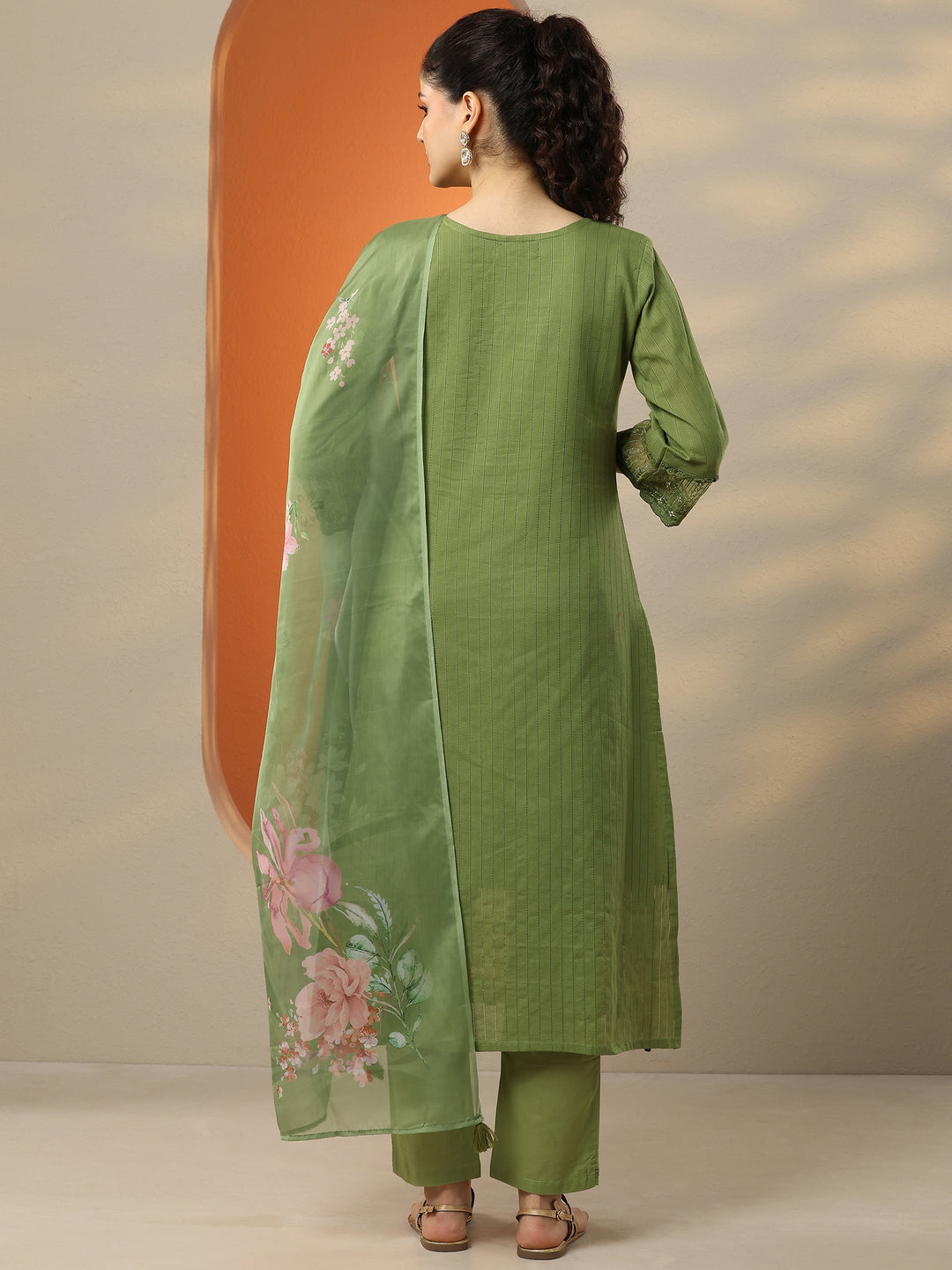 Green Embroidered Cotton Straight Suit Set With Dupatta