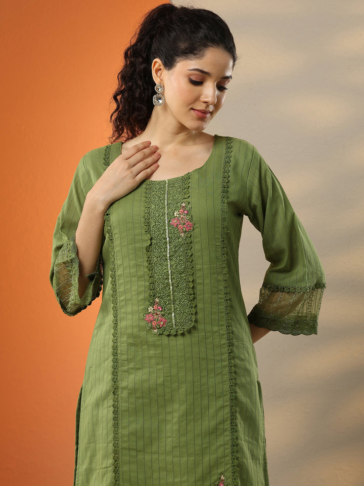 Green Embroidered Cotton Straight Suit Set With Dupatta