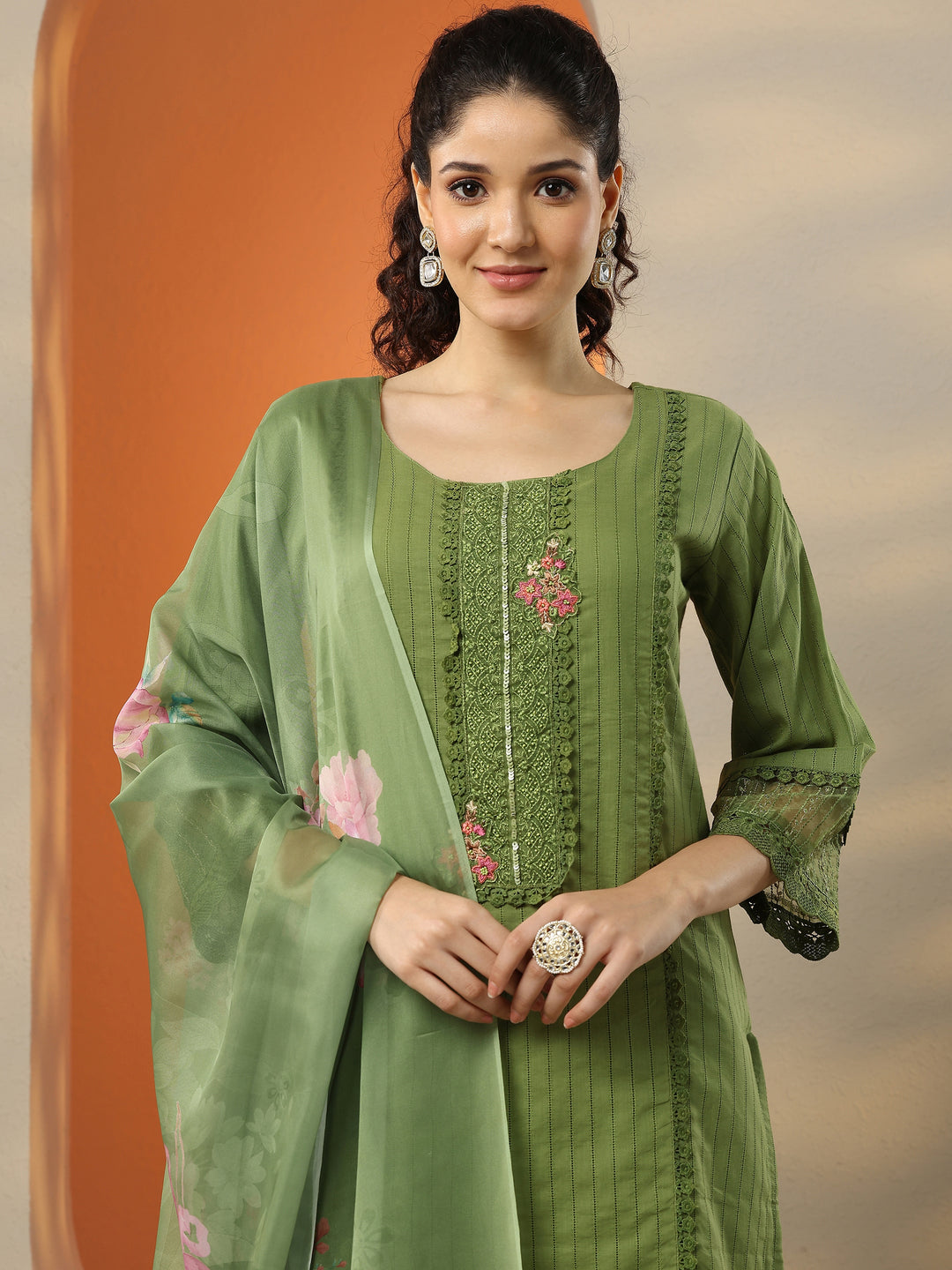 Green Embroidered Cotton Straight Suit Set With Dupatta