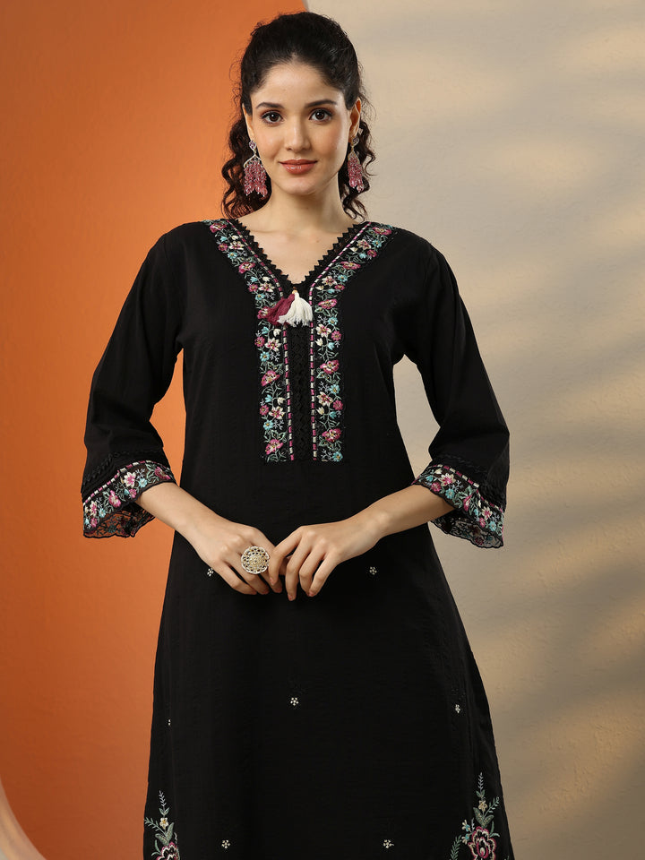 Black Embroidered Cotton Straight Suit Set With Dupatta