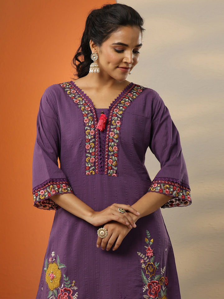 Purple Embroidered Cotton Straight Suit Set With Dupatta