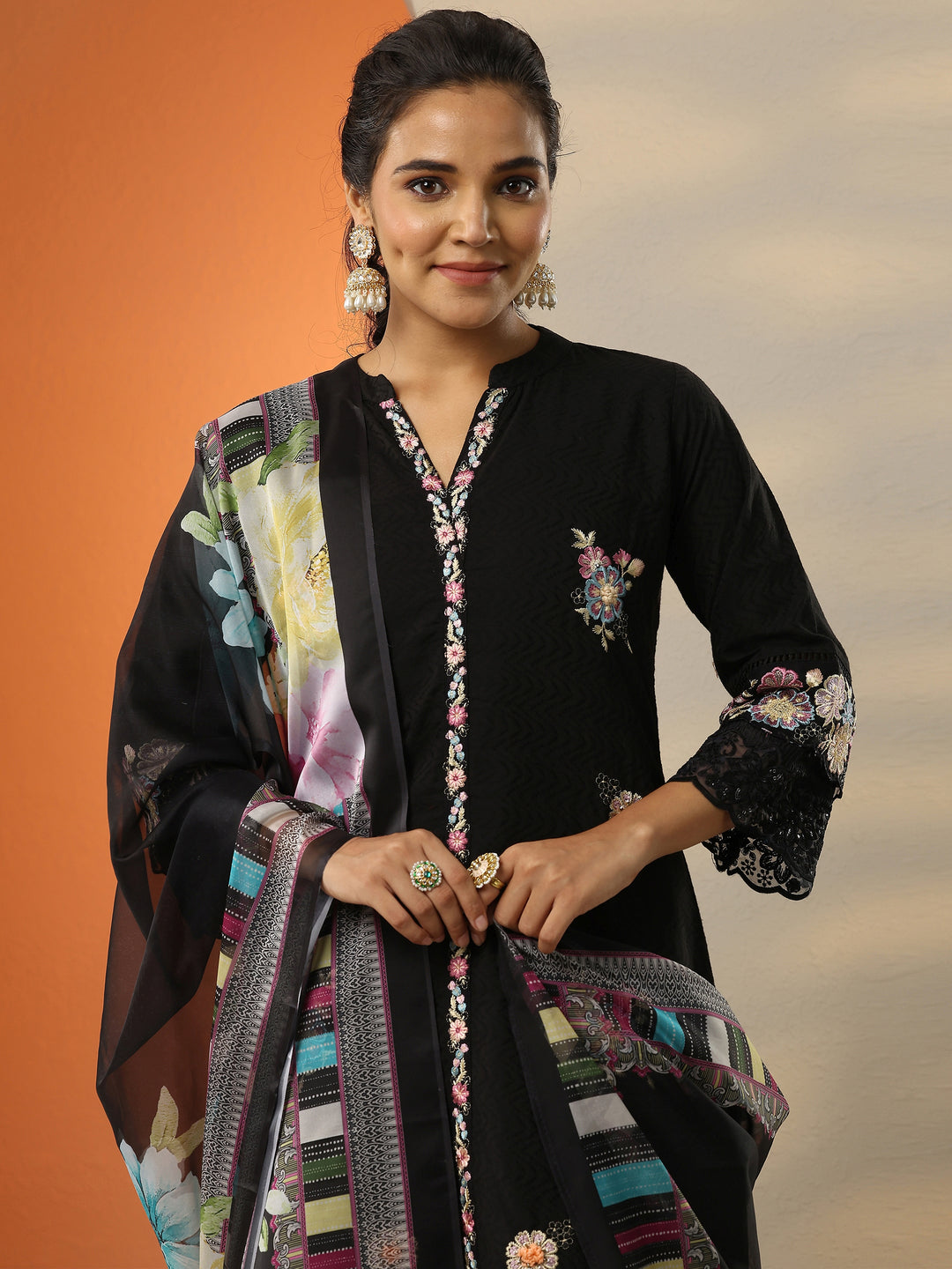 Black Embroidered Cotton Straight Suit Set With Dupatta
