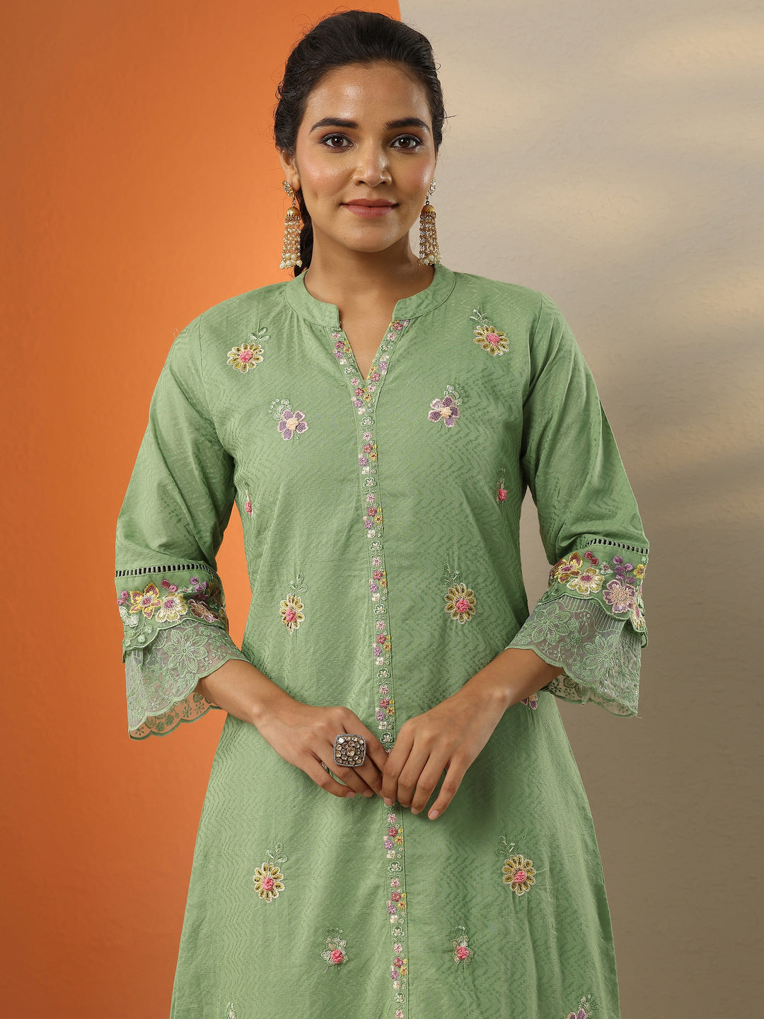 Green Embroidered Cotton Straight Suit Set With Dupatta