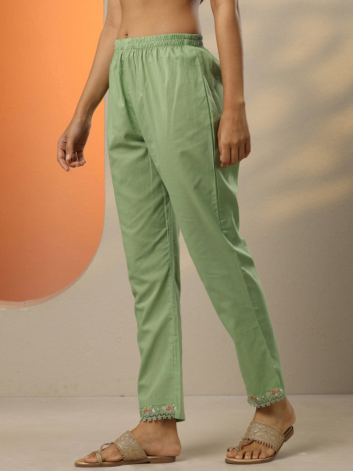 Green Embroidered Cotton Straight Suit Set With Dupatta