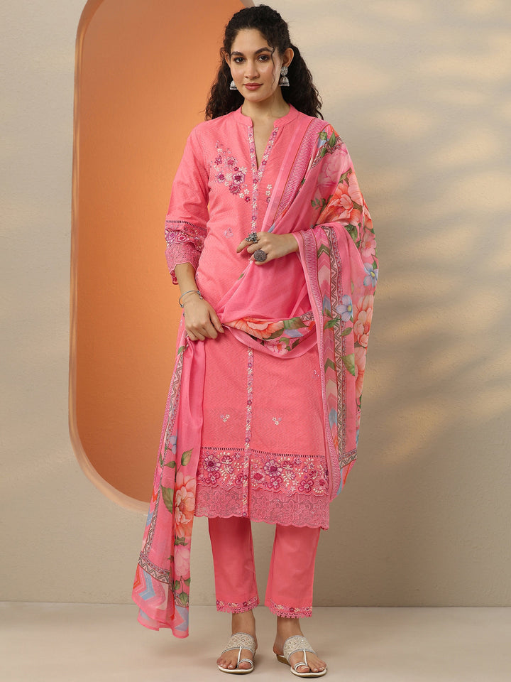 Coral Embroidered Cotton Blend  A-Line Suit Set With Dupatta
