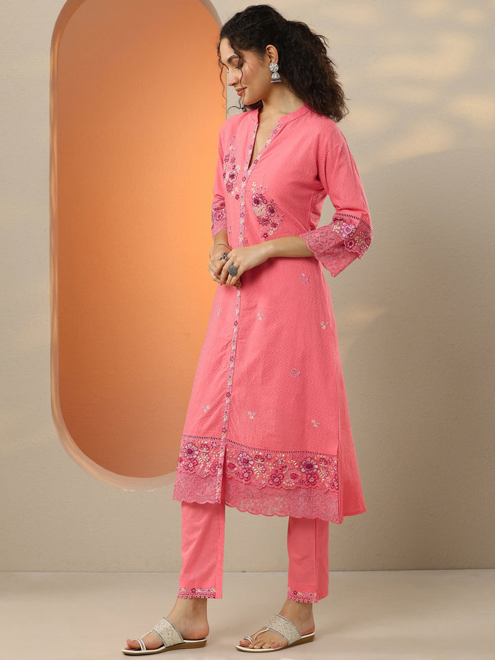 Coral Embroidered Cotton Blend  A-Line Suit Set With Dupatta