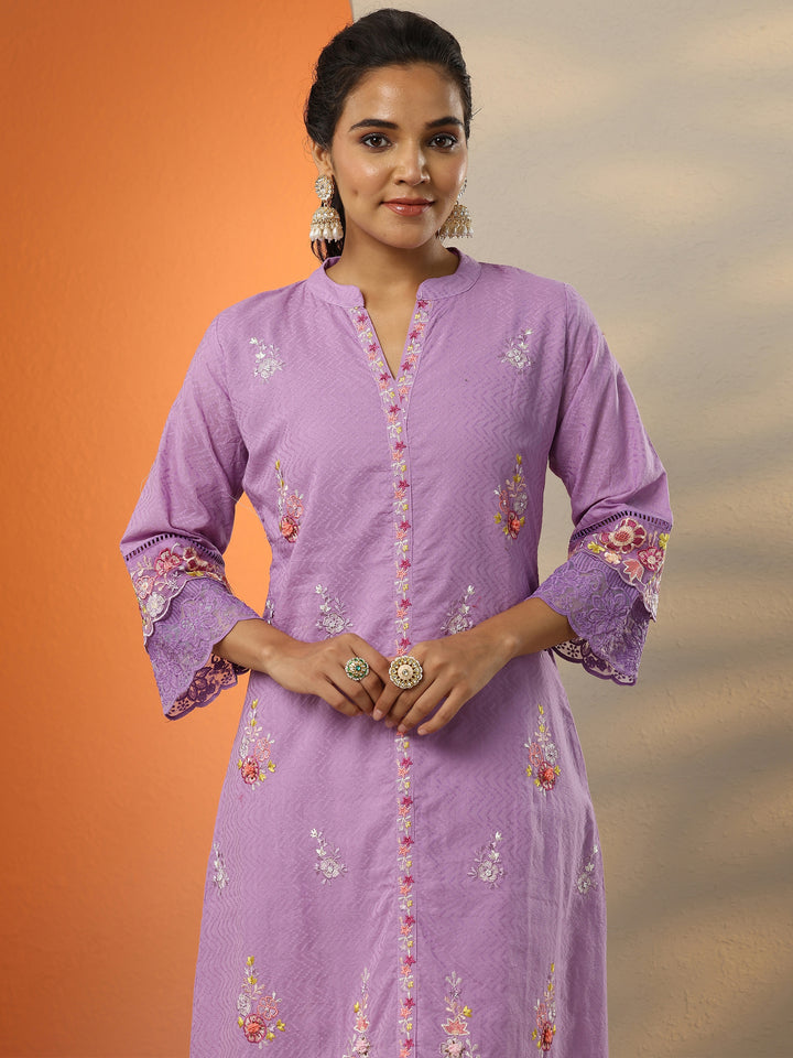 Lavender Embroidered Cotton Straight Suit Set With Dupatta