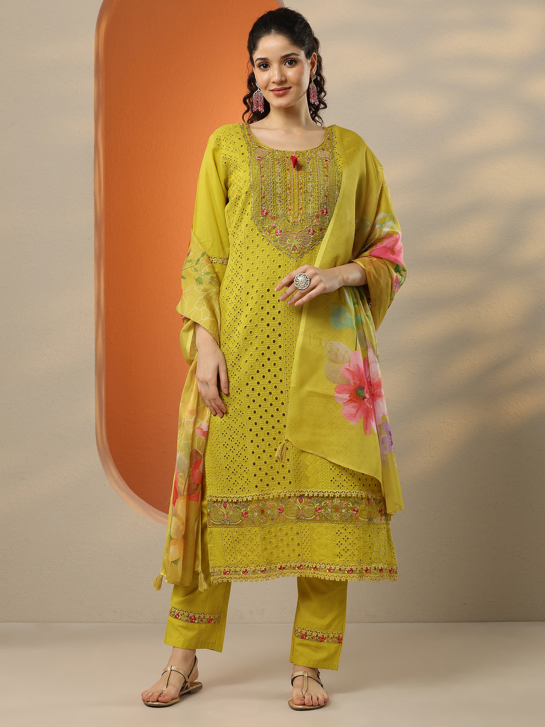Lime Green Embroidered Cotton Straight Suit Set With Dupatta